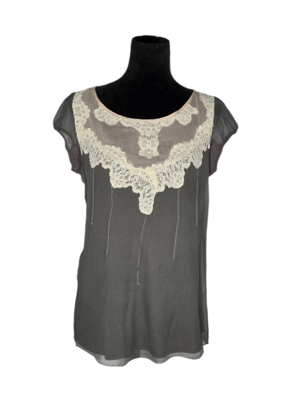 Peruvian Connection Crinkle Silk Lace Blouse Romantic Boho Cap Sleeve Size 10